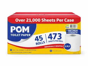 POM Toilet Paper 45 Rolls 2-Ply Individually Wrapped 473 Sheets Per Roll Over 21000 Sheets Per Case Trusted for Strength Softness Value