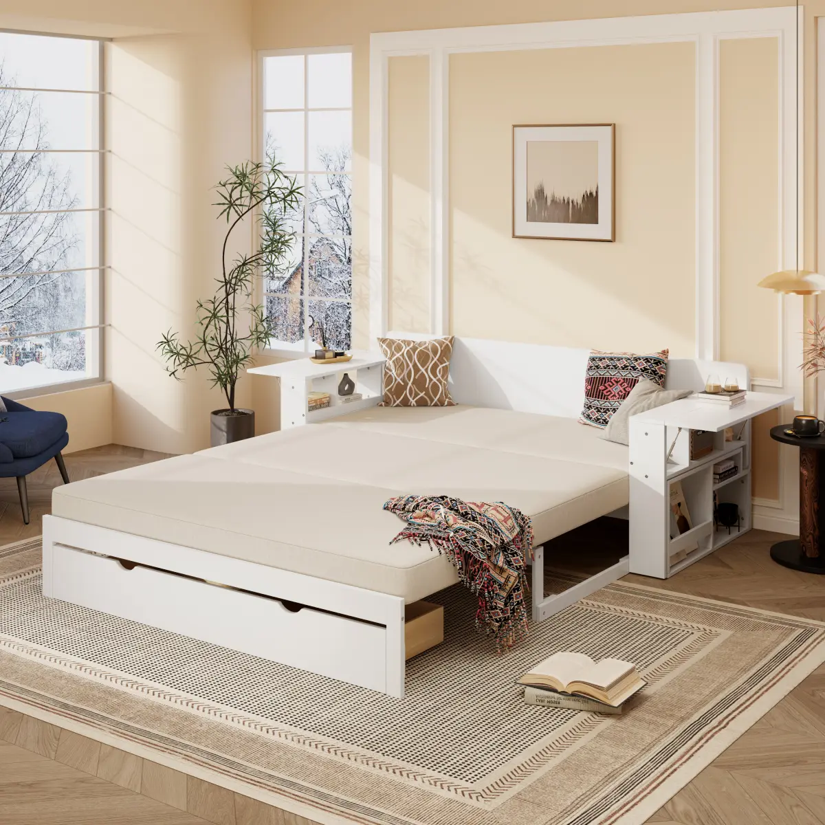 Extendable Daybed with Trundle, 2 Storage Drawers and Removable Desk, Queen Size Platform Sofa Bed Frame for Teens Adults/No Box Spring Needed