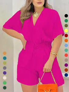 Women's Plain Drawstring Shirred Waist Fitted V Neck Romper, Casual Half Sleeve Zipper Back High Waist Romper for Summer, Fashion Women's Clothing for Daily Wear Womenswear Lady