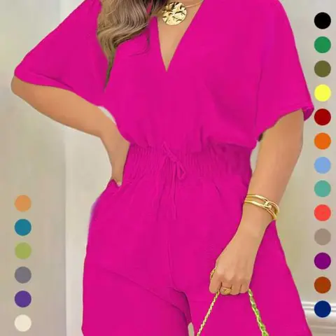 Women's Plain Drawstring Shirred Waist V Neck Romper, Casual Half Sleeve Zipper Back High Waist Romper for Summer, Fashion Women's Clothing for Daily Wear, Casual Rompers