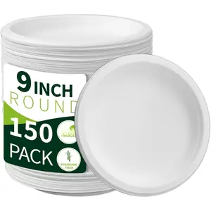 9 Inch Compostable Paper Plates ?White150 Pack?, Sugarcane Bagasse Medium Disposable Plates, Sturdy Heavy Duty, Biodegradable Dinnerware for Party, BBQ, Picnic, Camping