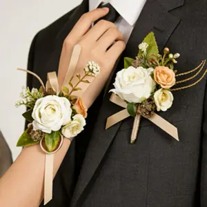 2pcs Artificial Rose Wrist Corsage & Boutonniere Set Realistic Fake Flower for Wedding Party Prom Home Decor All Season Trending Viral Bridal Accessories