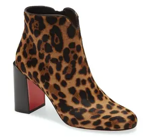 Christian Louboutin Castarika 85 Fur Leopard Black Ankle Block Heel Bootie