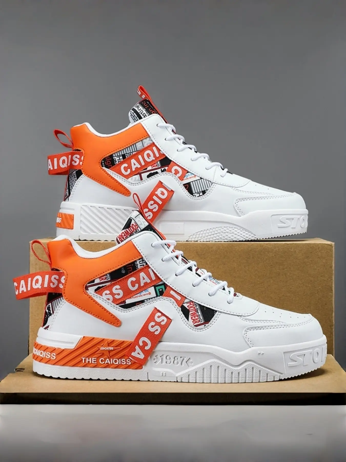 Unisex High-Top Athletic Sneakers, Sports Shoes, PU Leather, All over Print, Rubber Sole, Casual Style, Anti-Slip, Durable, Daily Wear, Street Fashion