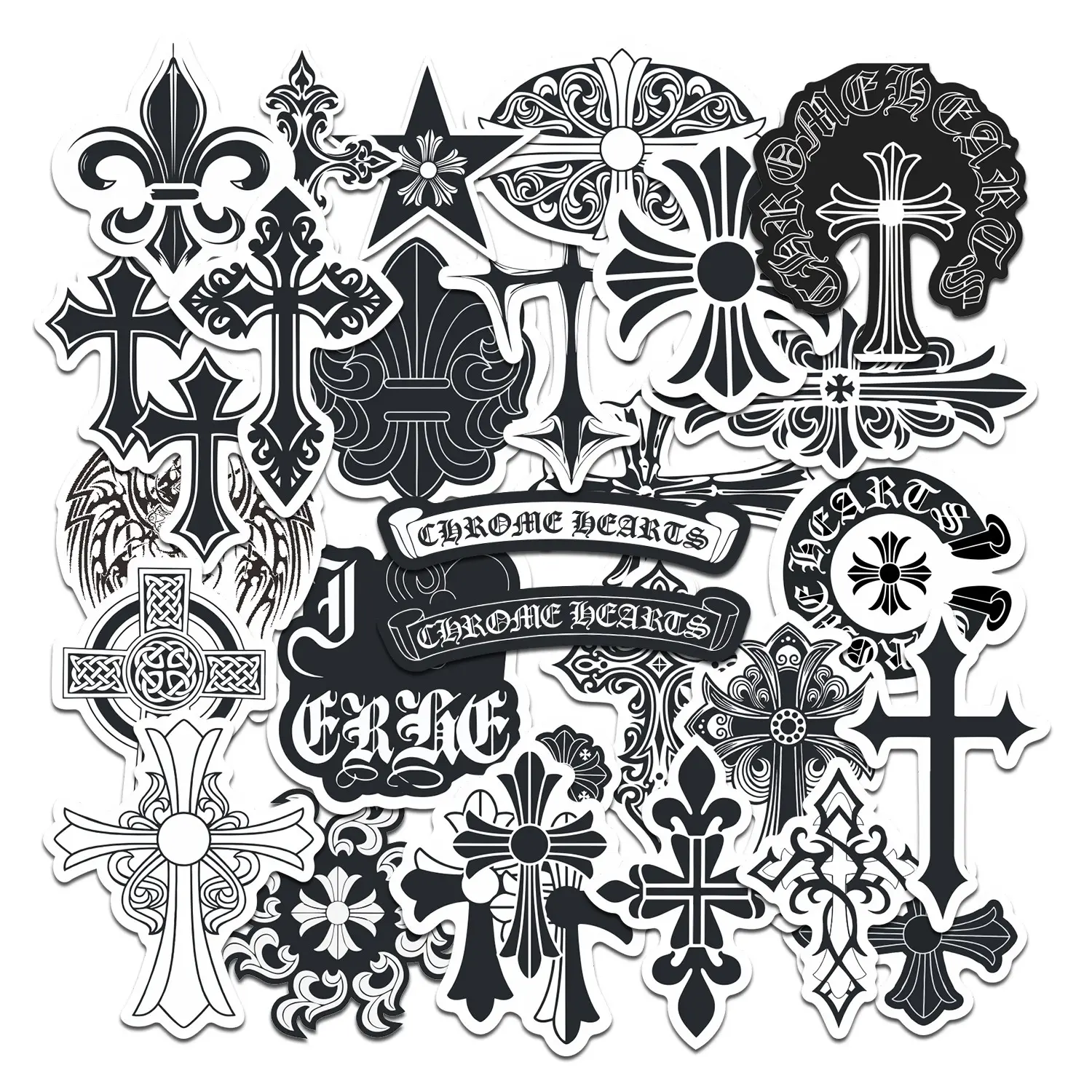 28pcs Chrome Hearts Gothic Cross Stickers Pack, Waterproof Black & White Streetwear Decals for Laptop, Water Bottle, Skateboard & Luggage, Street Fashion Fan Gift, Sticker Packs