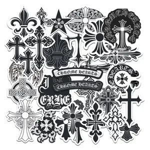 28pcs Chrome Hearts Gothic Cross Stickers Pack, Waterproof Black & White Streetwear Decals for Laptop, Water Bottle, Skateboard & Luggage, Street Fashion Fan Gift