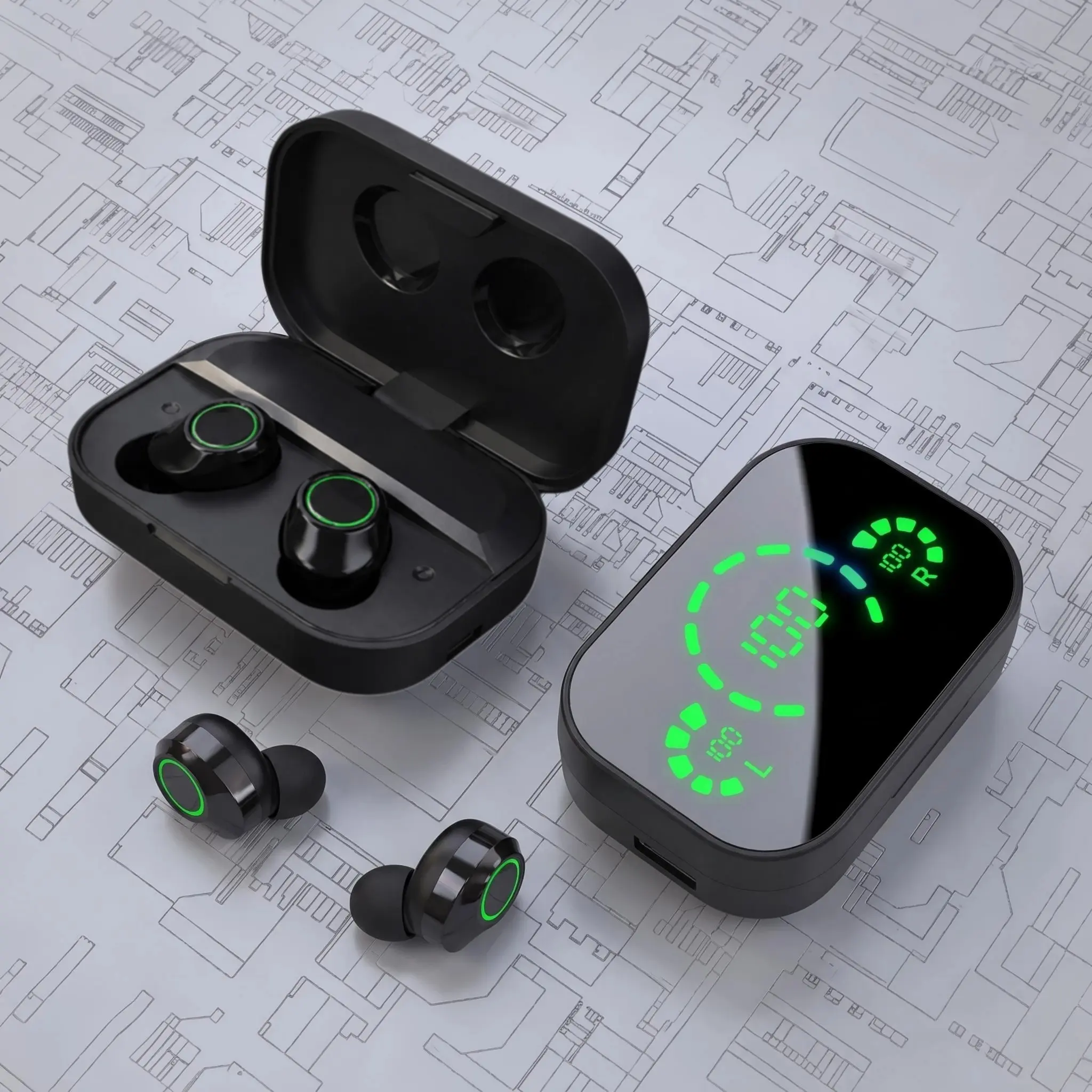 Fluffdrip YD-03 Bluetooth Earbuds - In-Ear Wireless Headphones with LED Display, Sleek Design, Green Accents - Headphone for Music, Calls - Modern Audio Experience