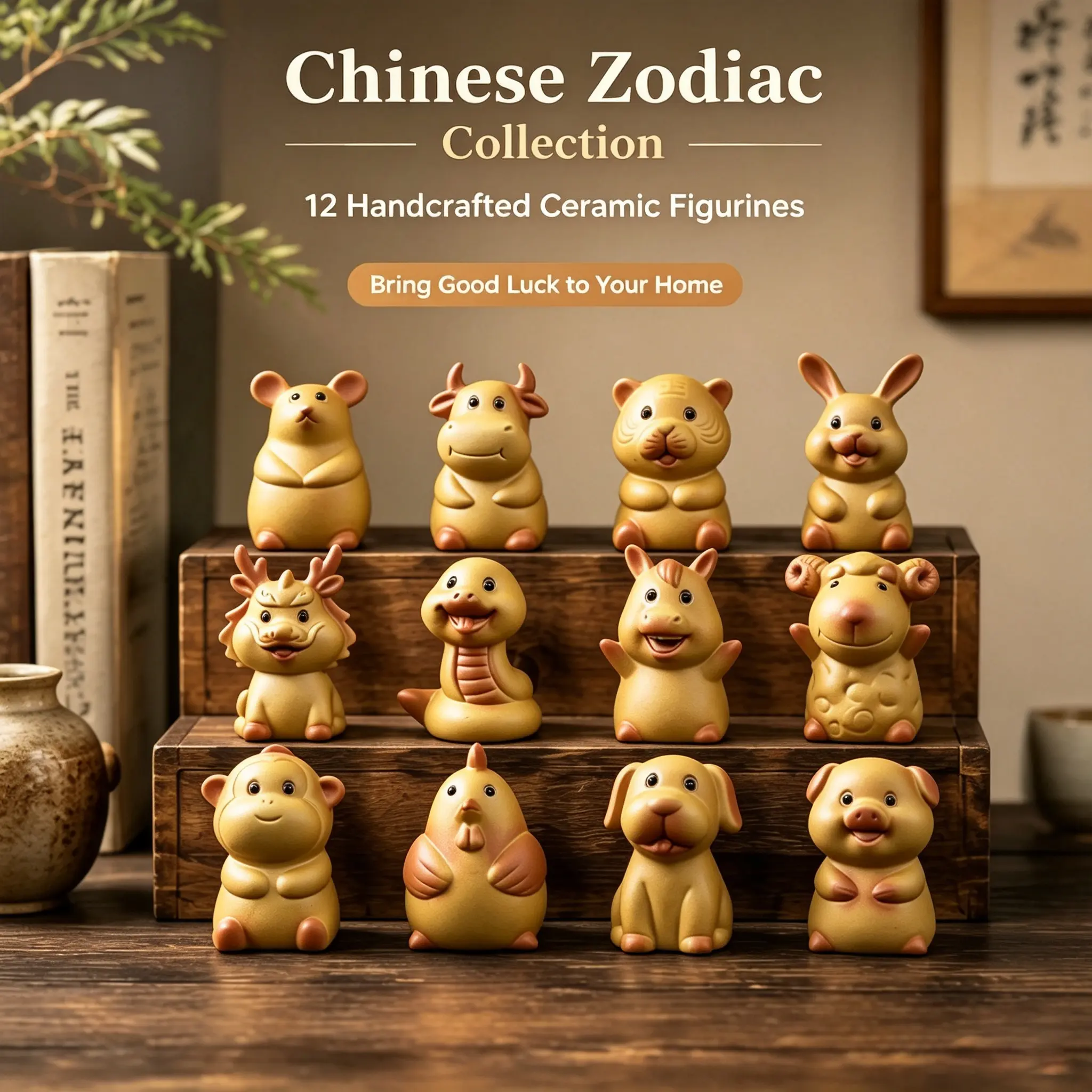 Handmade Chinese Zodiac Ceramic Collectible Figurine Set, 12 Animal Display Figures, Decorative Statue Collection