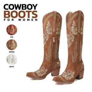 Cowboy Boots For Womens Knee High Snip Toe Chunky Heel Side Zipper Embroidered Festival Country Wedding Casual Outing Dance Cowgirl Spring Elegant Western Fashion Comfortable Trendy Vintage Boots Deals For You Days