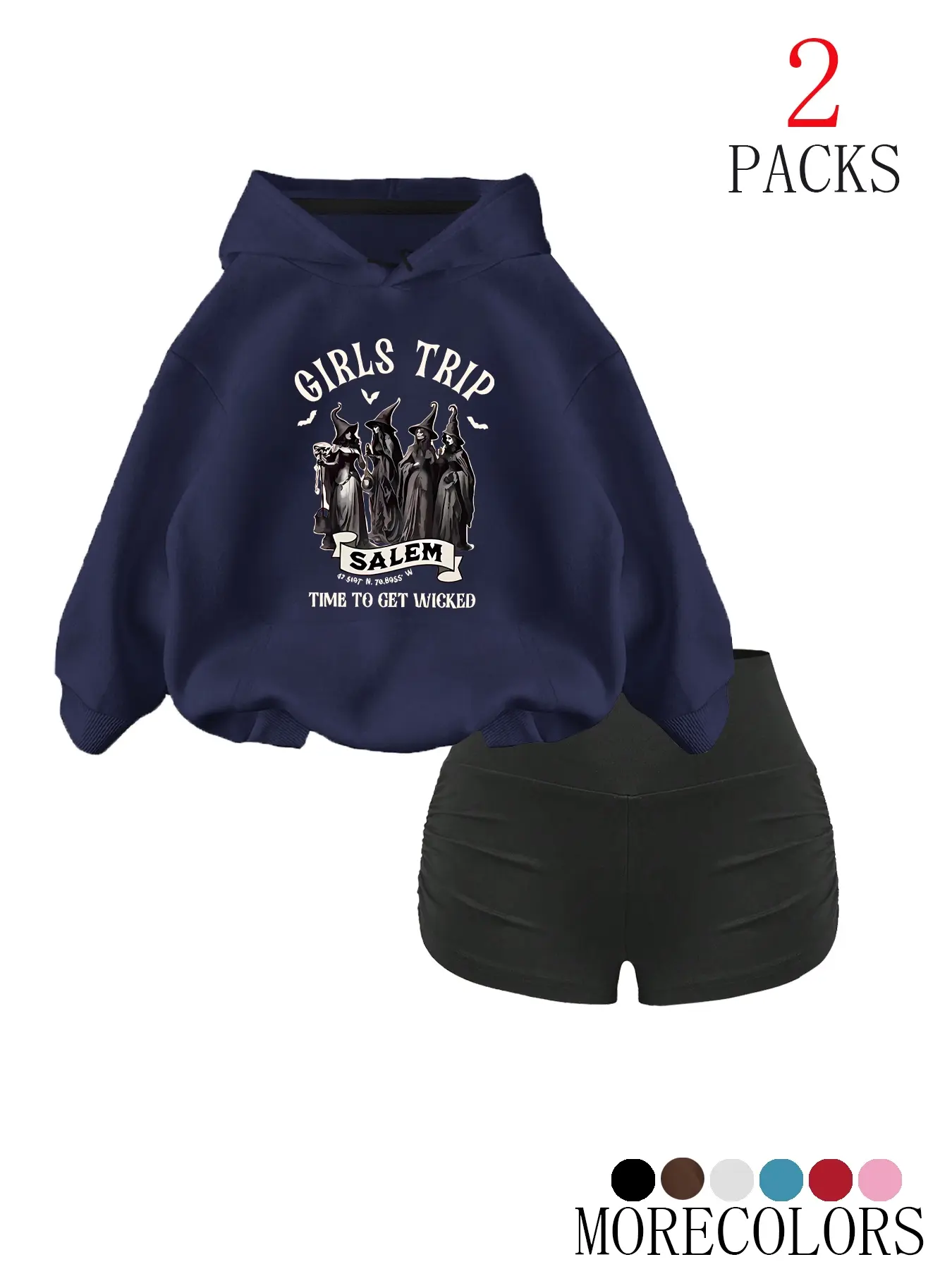 Women's Fall Winter Hooded Sweatshirt Gothic Streetwear Pullover Set Tops, Casual Loose-Fit Thick Knit Fabric, Halloween Witch Print, Fashion Pocket Design, 2 Piece