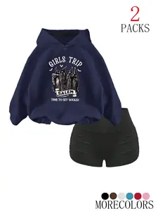 Women's Fall Winter Hooded Sweatshirt Set, Casual Loose-Fit Thick Knit Fabric, Halloween Witch Print, Fashion Pocket Design, 2 Piece