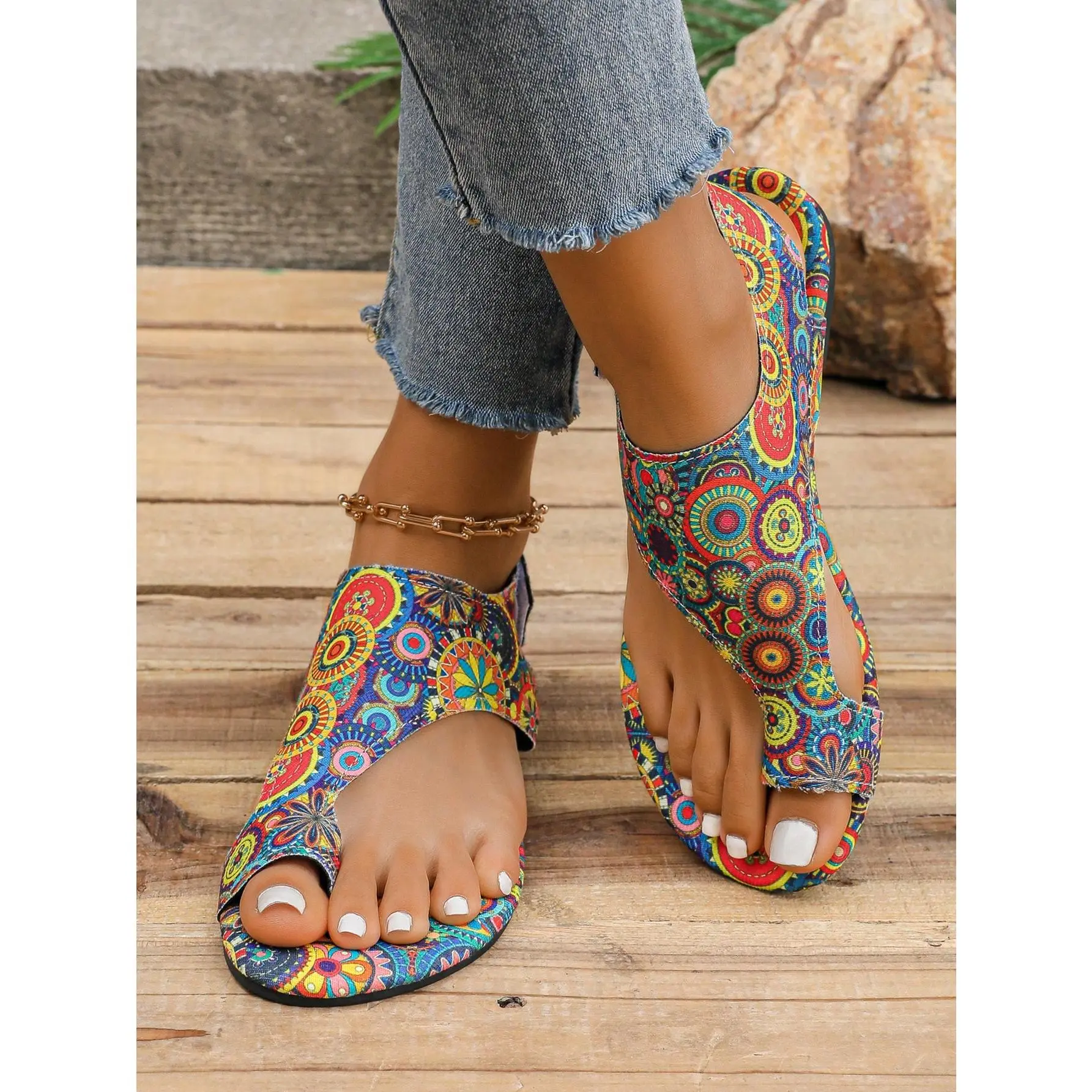 DealsForYouDays Women's Boho Style Hook-and-Loop Flat Sandals - European-American Fashion Sporty Chic Footwear, Comfortable Breathable Walking Shoes for Travel, Beach, Spring Summer Outfits, Vibrant Design, Boho Style Sandals