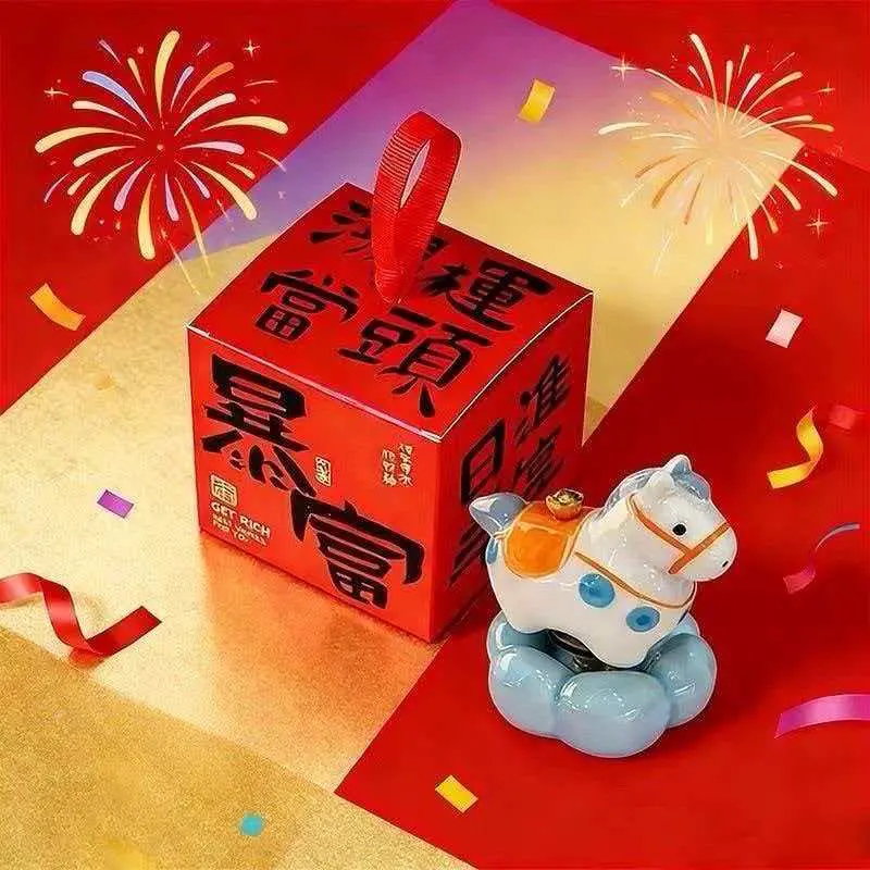 Handmade Glossy Polka Dot Jingdezhen Porcelain Traditional Rotatable Lucky Horse Figurine - 1000-Year Capital Craft Spinning Pony Desk Decor, Smooth Feng Shui Fortune Ornament, Gift Box-Included Collectible for Business Gift Ideas, Stress Relief