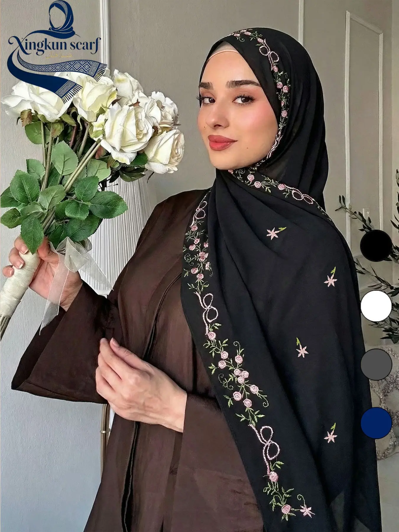 Women's Muslim Hijab Scarf, Embroidered Floral Design, Soft Silk Fabric, Stylish, Comfortable & Versatile Headscarf for Women