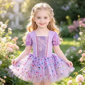 Kids Easter Princess Dress Toddler Purple Puff Sleeve Lace Sequin Tulle Tutu Dress for Girls