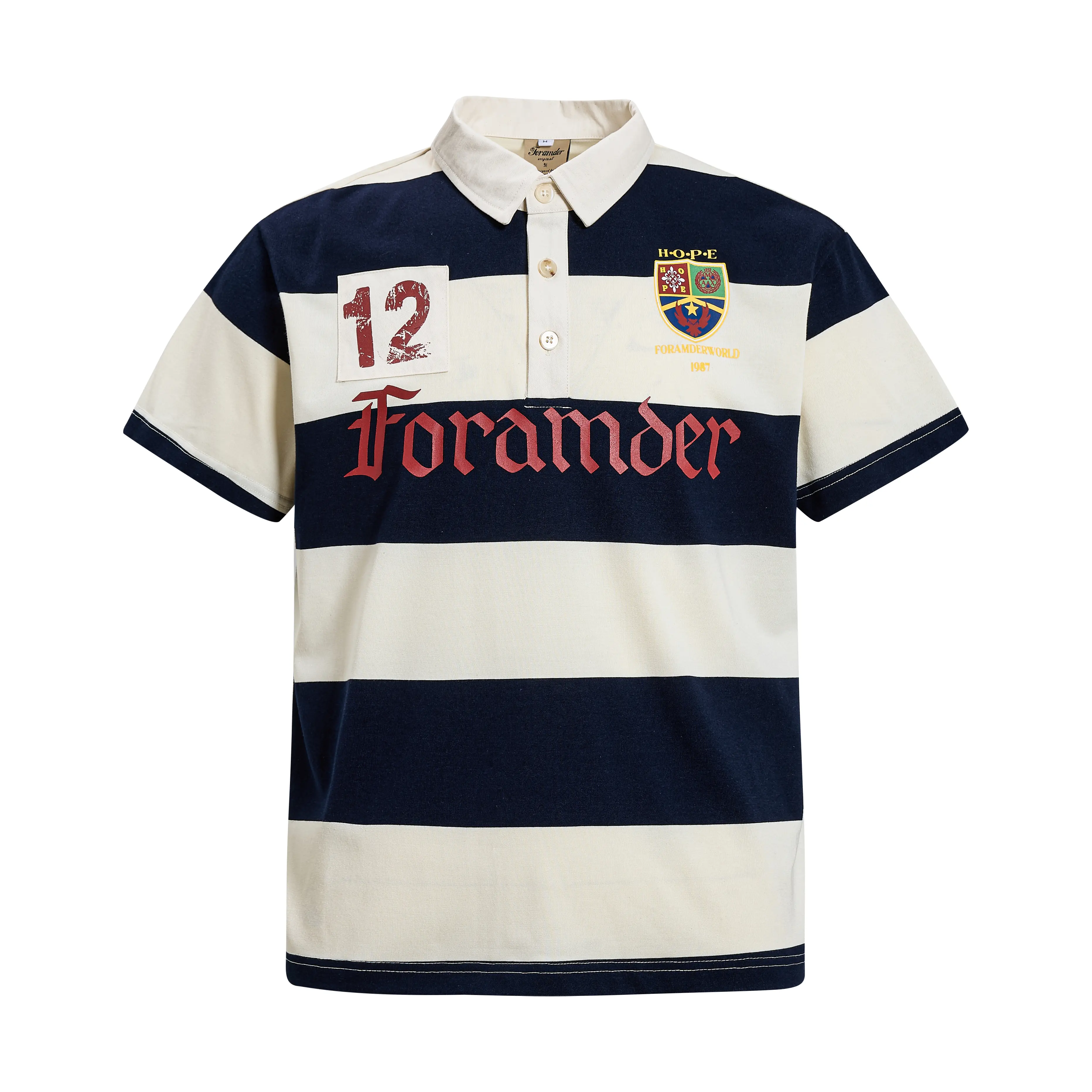 inflation Men's Loose-Fit Striped Rugby Polo Shirt, Stylish Short-Sleeve Streetwear Top with Emblem and Number 12 Patch, Shortsleeve, Sports, Menswear, Streetwear Clothing, Baggy, Print