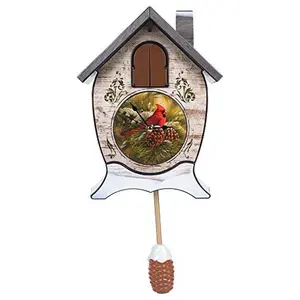 Cardinal Singing Cuckoo Clock, Battery Operated Holiday Wall & Table Clock with Bird Sound, Swinging Pendulum, Decorative Home & Holiday Decor