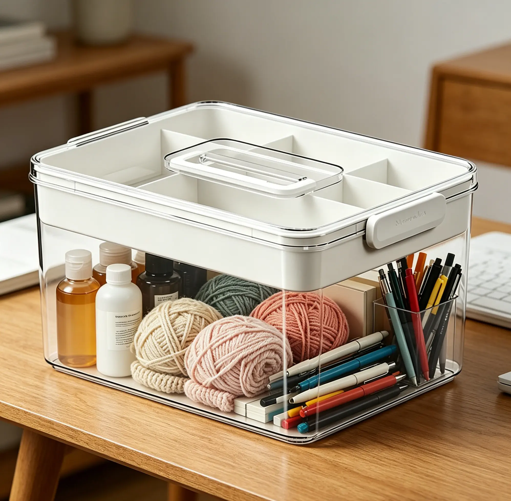 Large Clear Yarn Craft Storage Box With Carry Handle,Thick Hard Plastic Bin With Airtight Dustproof Sealed Lid,Detachable Multi-grid Container For Knitting Crochet Hooks Yarn Skeins Cosmetics Home Travel Hobby Supply Arrangement