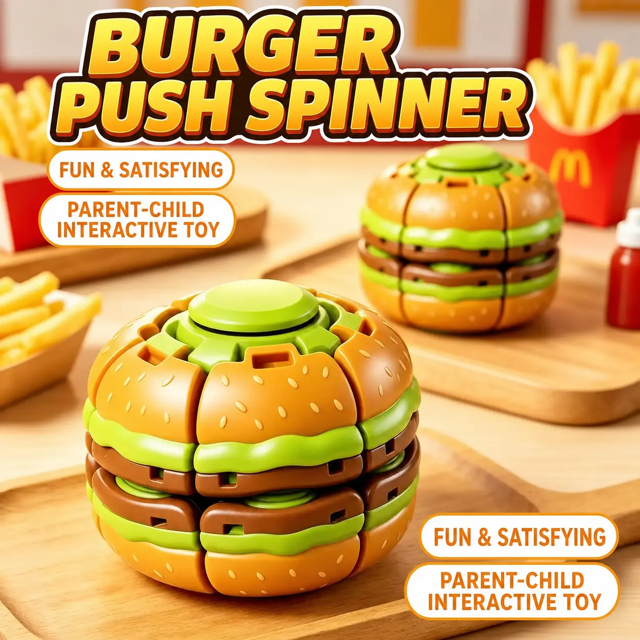 360shop Press-to-Spin Transforming Burger Fidget Spinner, High-Speed Rotating Sensory Desk Toy, ADHD Anxiety Relief Gadget for Kids & Adults Stress Relief Accessory Desk Fidget Tool
