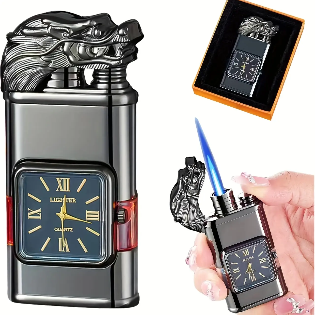 Retro Industrial Black Dragon Head Dual-Flame Torch Butane Lighter with Real Quartz Watch Face, Windproof Refillable Metal Lighter with Visible Fuel Window, Ships Dry - No Butane Gas Included, Unique Boxed Gift for Men (Valentine's Day, Father's Day)