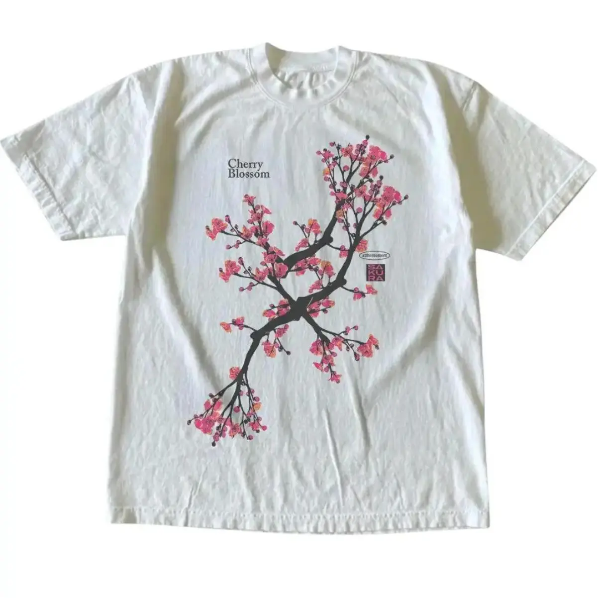 Men's Vintage Japanese Sakura T-Shirt, Elegant Floral Graphic Tee in Thick 100% Heavyweight Cotton, Casual Crewneck Streetwear for Menswear, Plant, Shortsleeve, Basic, T Shirts, Cargo, Comfy, Vintage T Shirts