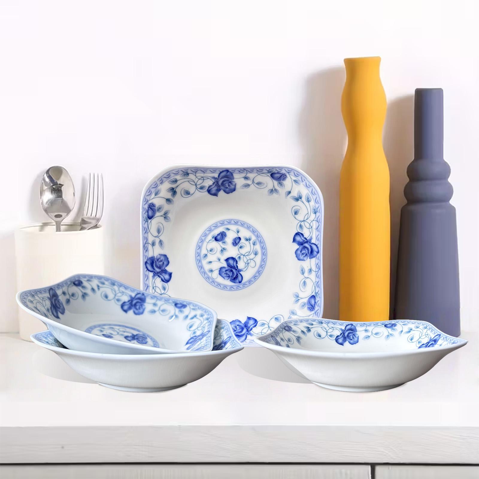 Viral Chinese Style Blue Rose Square Plates Set of 4! 8 Inch Underglaze Ceramic Serving Plates, Microwave & Dishwasher Safe, Thickened Anti-Scald Stackable Plates for Pasta, Salad, Home Kitchen Upgrade Must-Have!