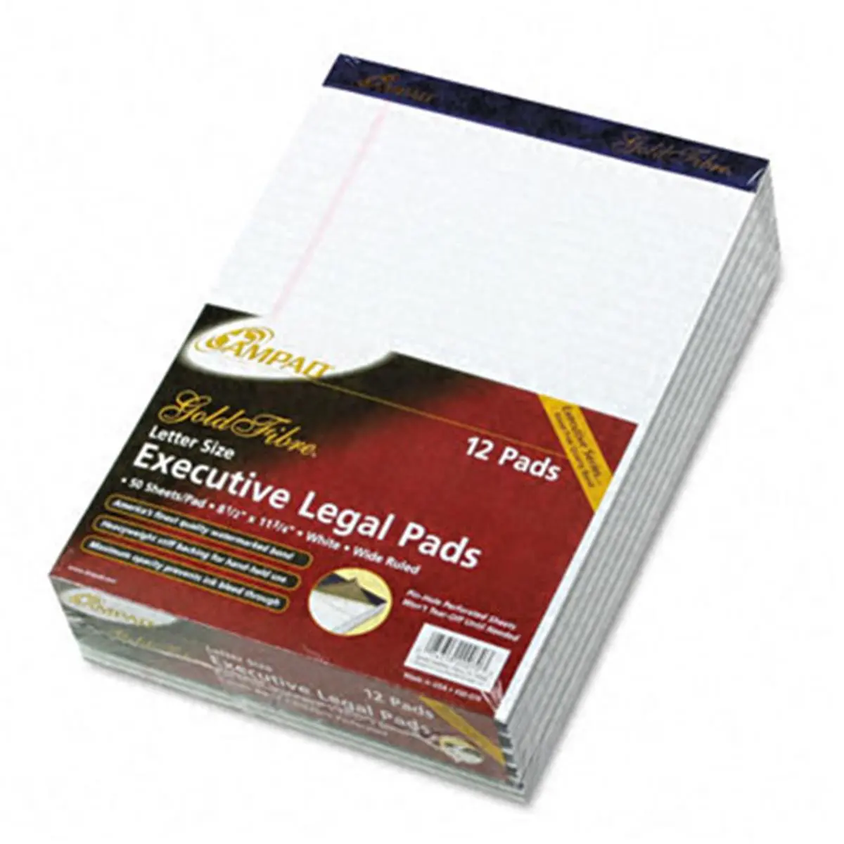 Ampad Gold Fibre Writing Pads - Legal/Wide Rule, Letter Size White Writing Paper, Ruled Thick Paper, 12 Pads/Pack (50 Sheets Each) - School Study Supplies, Stationery Office Supplies, Pad Type: Ruled