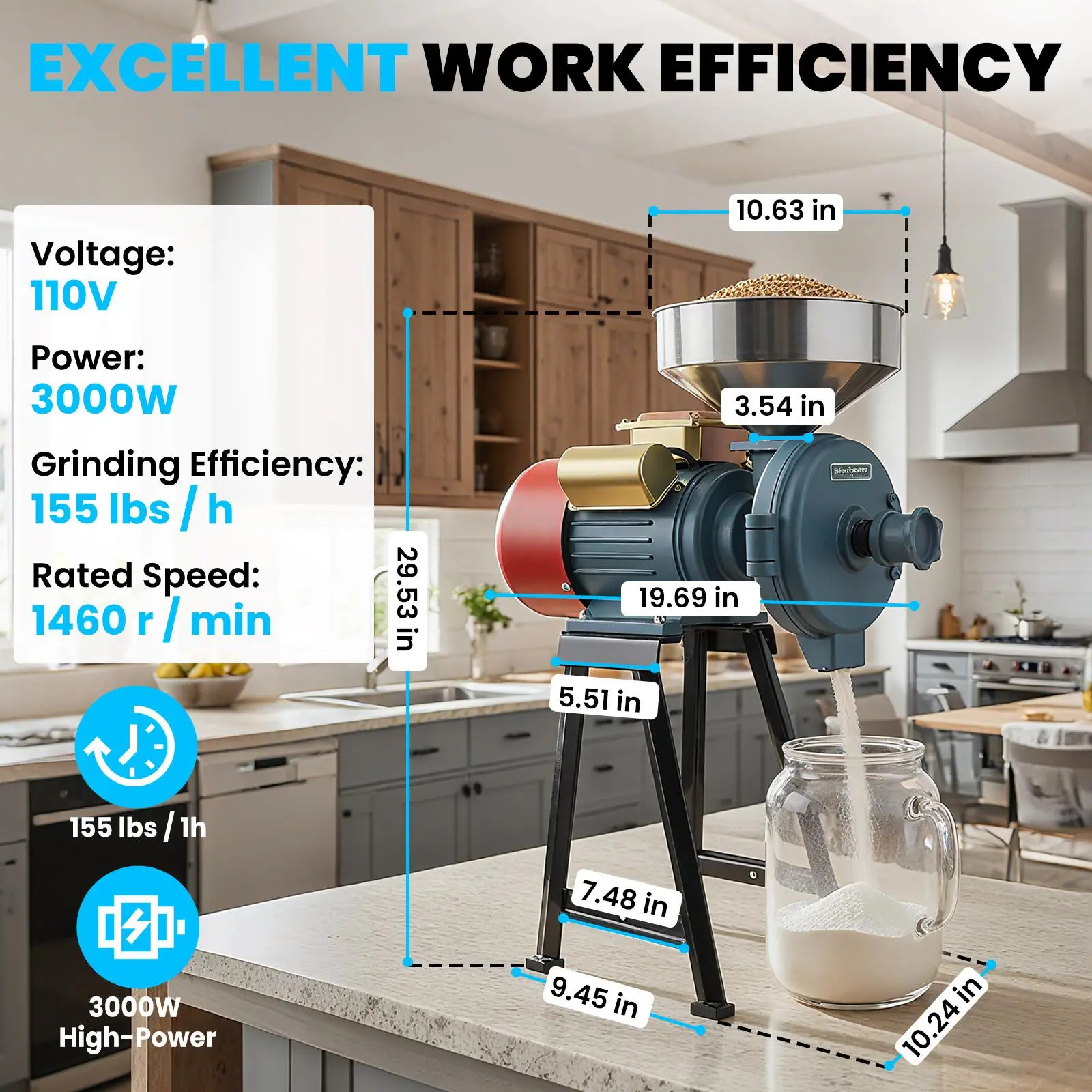 Electric Grain Mill Grinder, 3500W 110V Commercial Corn Grinder Heavy Duty Steel Grain Grinder Feed Mill Cereals Grinders Coffee Wheat Machine With Funnel, Thickness Adjustable