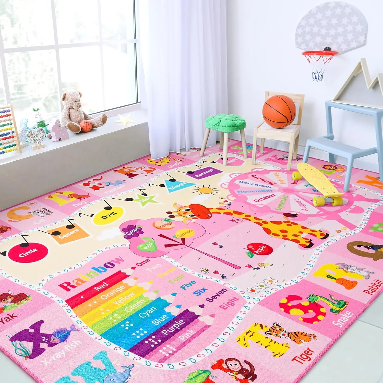 Educational Kid Area Rug for Playroom, TPR Non Slip Kids Classroom Carpet Rug for Learning ABC Animal Shape Color Fruit, Washable Play Mat Rug for Children Nursery Toddler Room Decor,Pink,Green, Blue,Beige, 3x5, 4x6, 5x7,6x9, 7x10 Feet