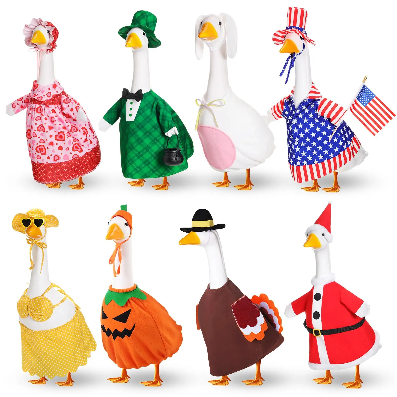 8 Sets Holiday Porch Goose Outfits for 23 inch Plastic/ Cement Goose Seasonal Updates, Halloween Fall Thanksgiving Christmas Gifts Lawn Porch Goose Costume for Patio Yard Lawn Decor Teacher Gifts Grandma Mama