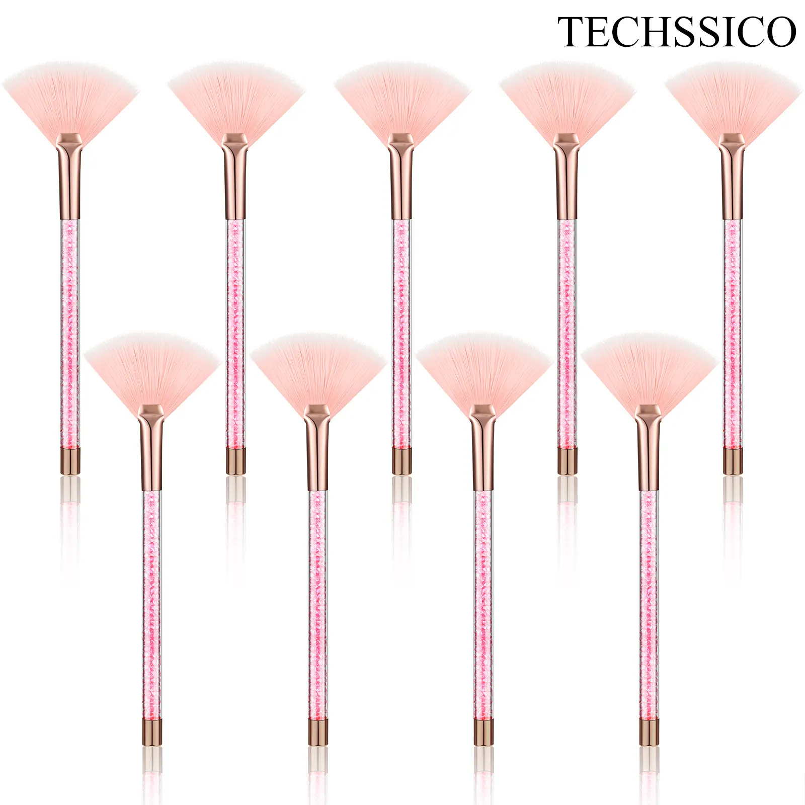TECHSSICO 9-Piece Fan Shape Beauty Brush Set, Soft Cosmetic Brushes for Facial Peel Glycolic Mud Cream Application & Facial Makeup Accessories (Brown)
