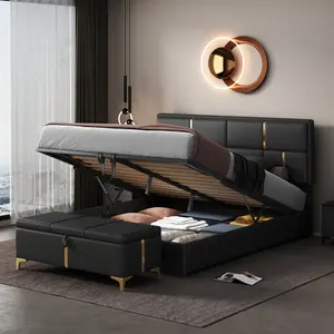 2-Pieces Queen Bedroom Sets, Queen Size PU Upholstered Platform Bed with Hydraulic Storage System, Wood Platform Bed Frame with Metal Legs Storage Ottoman for Kids Teens Adults Bedroom, Black