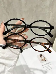 New 2 Pairs Unisex Oval Small Frame Metal Accessories Leopard Print Frame Anti-Blue Light Flat Mirror for Photography Fall Fashion Tortoise Pattern Glasses