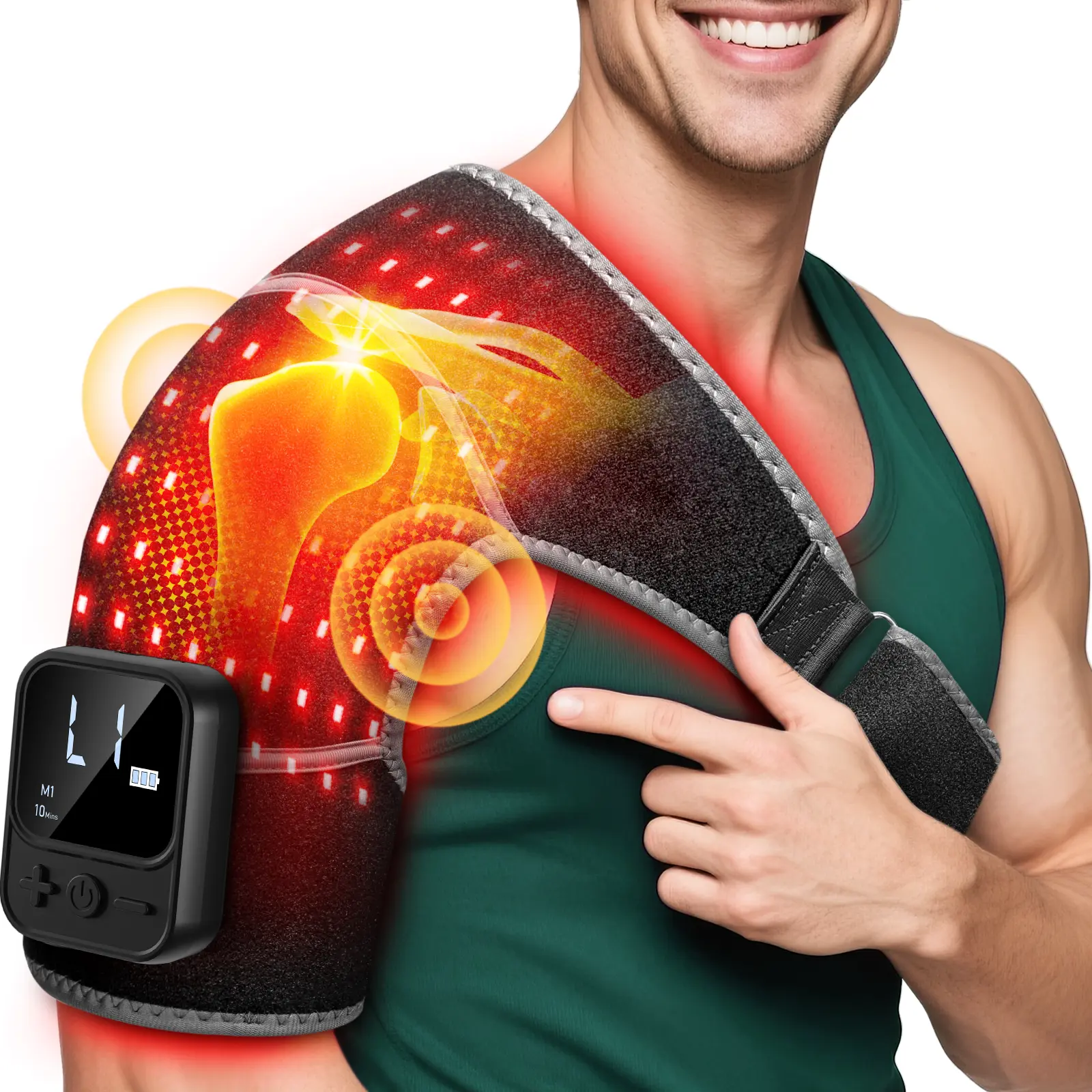 New Cordless Red Light Therapy Shoulder Wrap with Heat, Massage, Rechargeable Battery, 216 Bead Dual-Wave 660nm-850nm Near-Infrared Light, Timer, Relaxing, Blood Flow Control, Designed for Athlete Shoulder and Arm Relief, Personal Care Heating Pad Gift