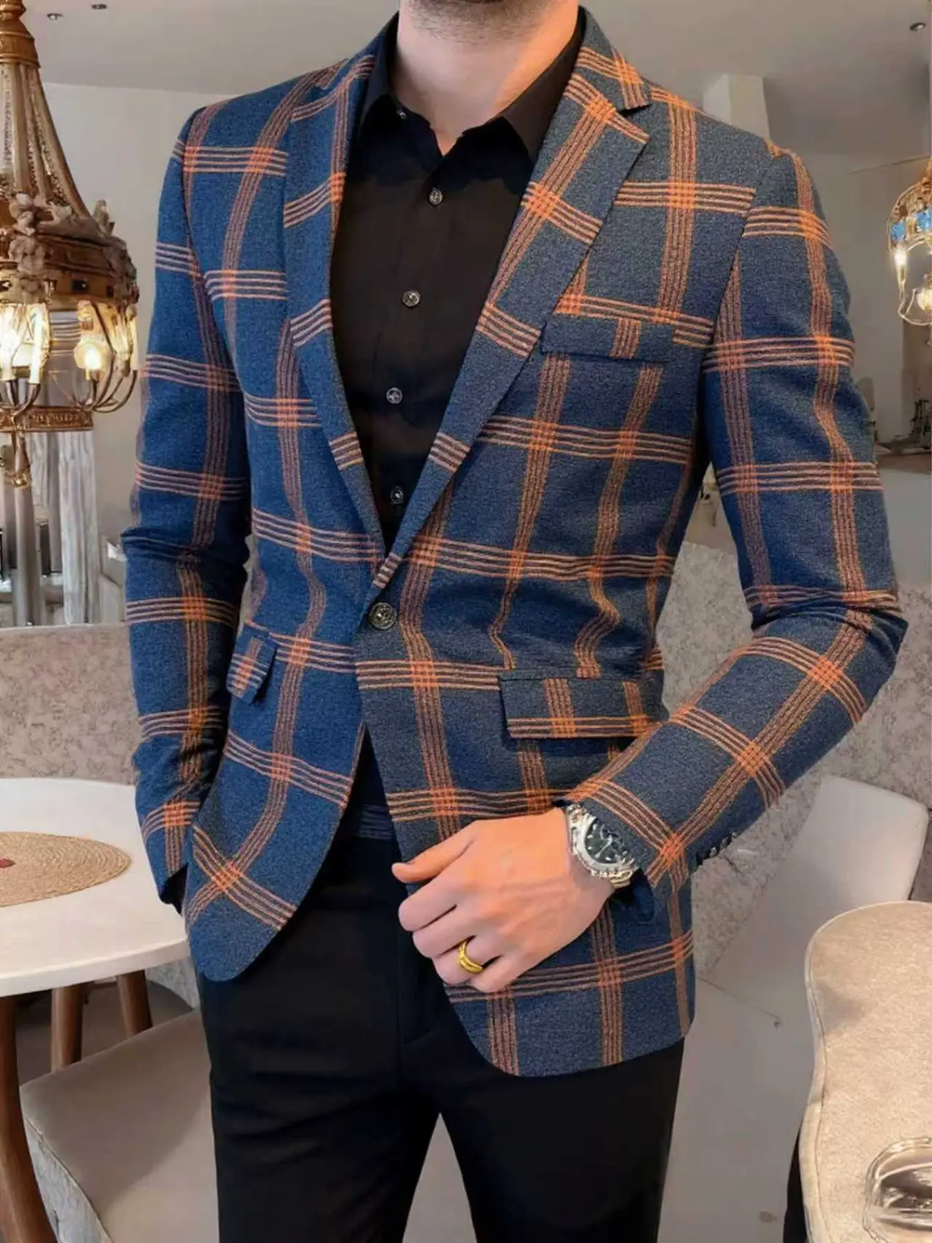 Men's High-End Classic Slim Fit Business Casual Plaid Checked Blazer Jacket, Spring & Fall, Colorblock Style, Perfect for Commuting and Dates
