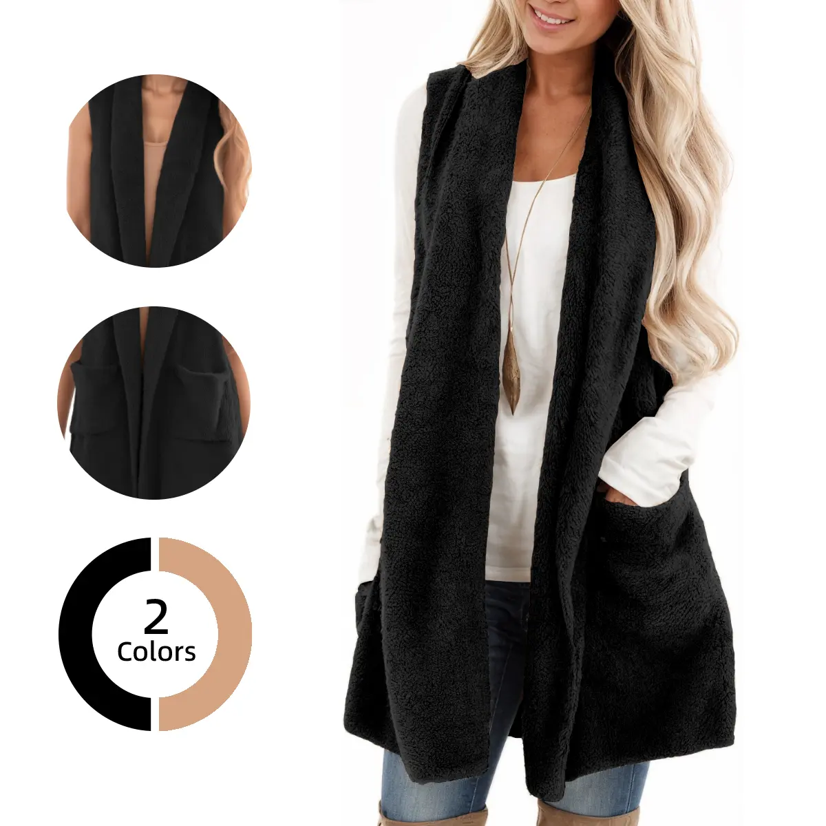 Chicovar Women's Sleeveless Sherpa Vest with Pockets【Clearance Sale】, Lapel Open Front Fleece Cardigan Sweater Fuzzy Jacket Coat, Summervibes