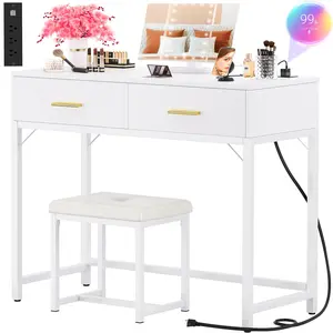 Vanity Desk with Charging Station, White Makeup Vanity with Lighted Mirror, Tri-Fold, Small Vanity Set with Drawers and 3 Outlets & 2 USB, 36'' Vanitys with Stool, Dressing Table, White
