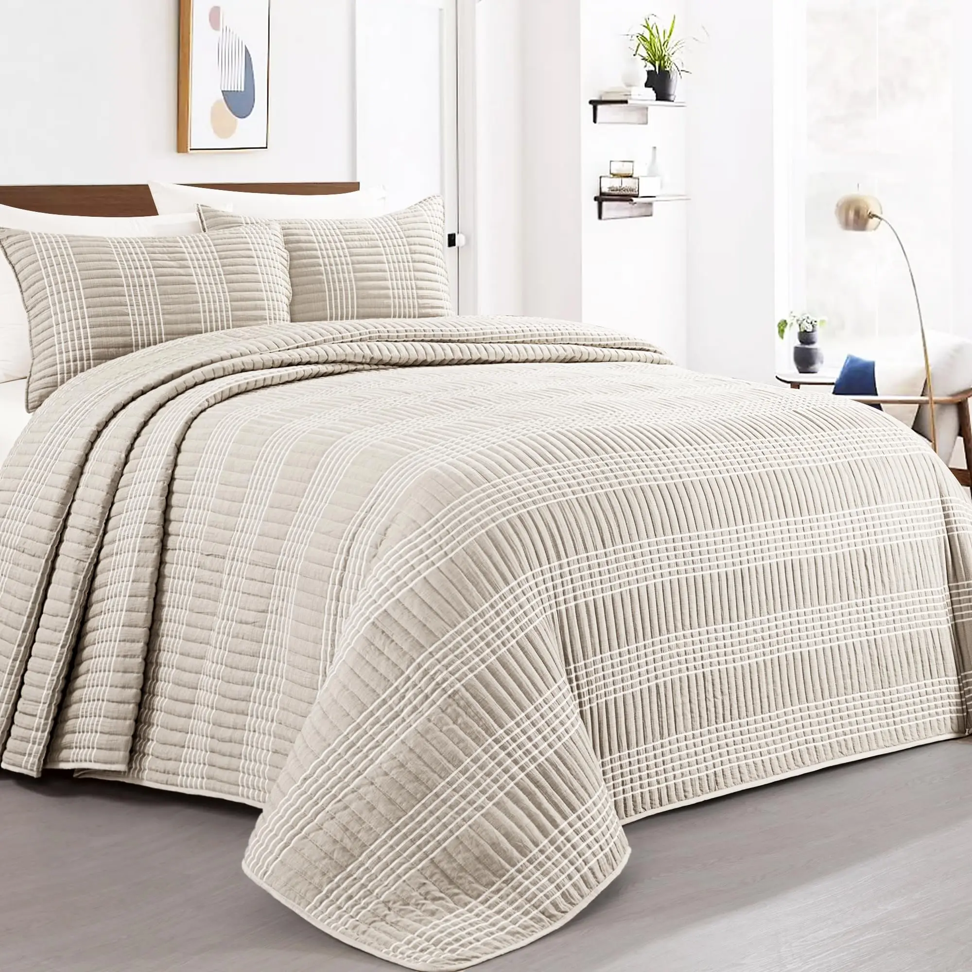 HOMBYS Oversized King Quilt Set – Beige Boho Patchwork Lightweight Bedding Set for Aesthetic Bedroom Decor,back to school,back to school shopping,home decor