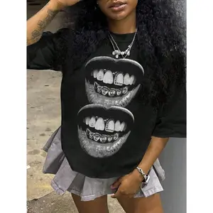 Mens Streetwear Graphic Short Sleeve T Shirt Oversized Fit Washed Black Grunge Style Double Lips Teeth Grillz Print Casual Summer Outfit