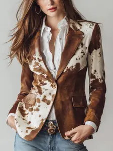 Women's Fashion Vintage Fall Western Style Cow Print Patchwork Tailored Blazer Jacket, Turn-Down Collar Single-Breasted Fitted Long Sleeve Suit Coat Outerwear