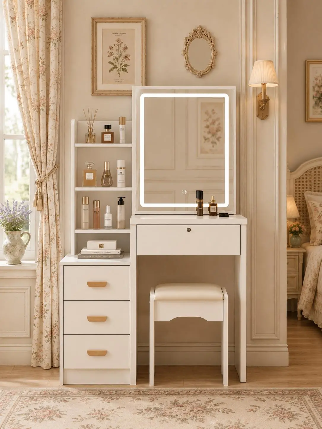 Modern White Makeup Vanity Set with 3-Color LED Light Sliding Mirror, 4 Drawers, 1 Shelf, Top Glass and Makeup Stool - Compact Indoor Furniture for Girls' Bedrooms