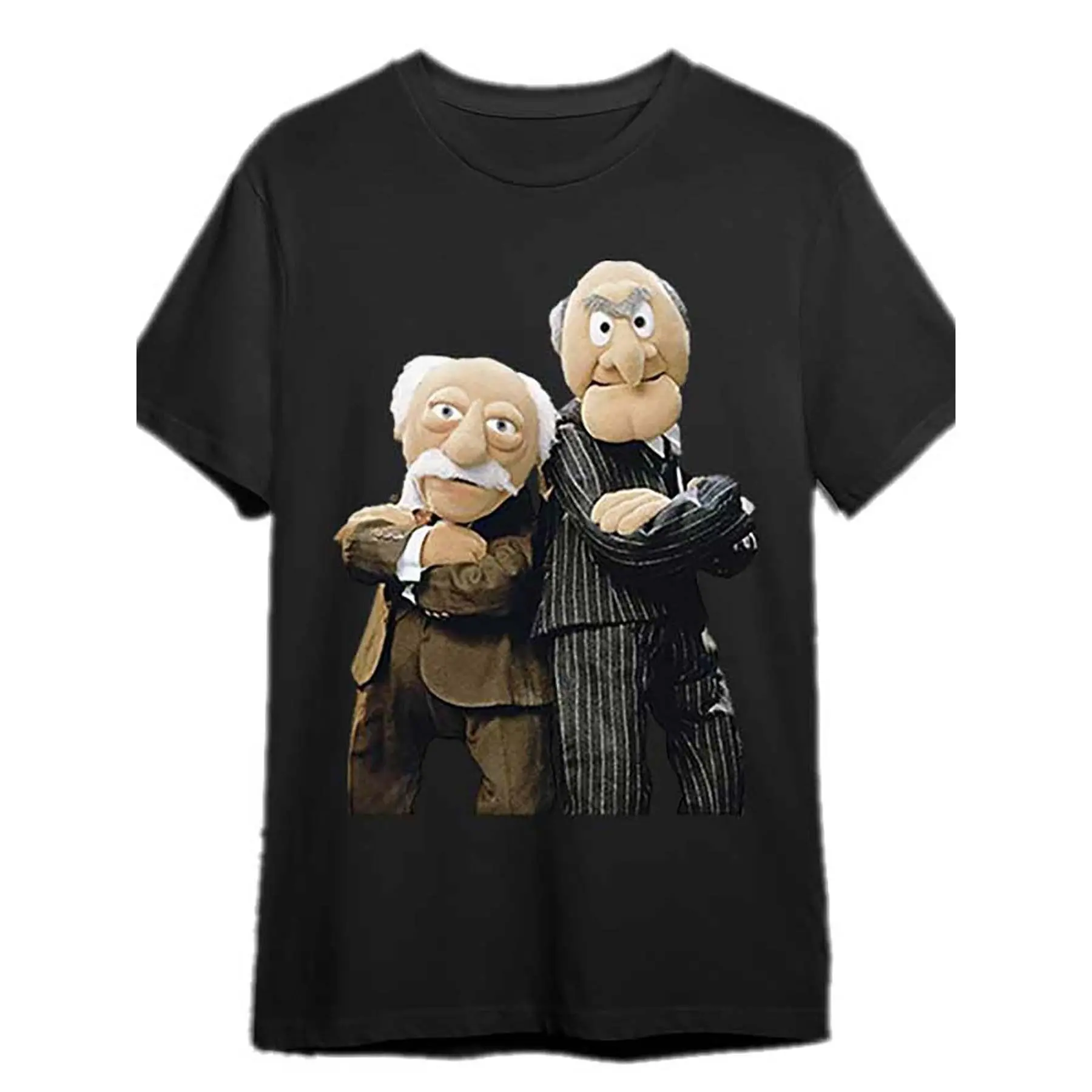 Women's Black Cotton Round Neck Tee - Statler and Waldorf "The Muppet Show" Graphic, Relaxed Fit, Breathable Short-Sleeve, Everyday Casual Fan Merchandise, Machine-Washable Style Piece