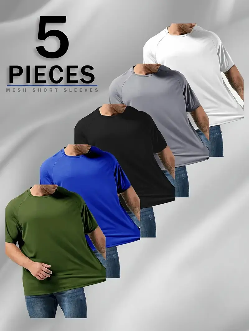 [5pcs Solid Sports T-shirt] 5pcs Oversized Men's Solid Short Sleeved Sports T-shirt|   Breathable, Quick Drying, Casual, Fashionable|   Suitable for All Seasons, Sports, Fitness, Running, Basketball, Mountaineering, Plus Size tiktokshopbacktoschool