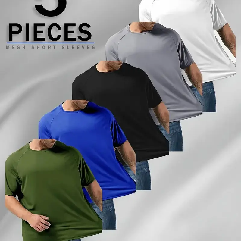 Men's Plus Size 5-Pack Activewear Athletic Tees - Dry Fit Tech, Breathable Sportswear, Fitted Quick Dry 5-Piece Workout Set for Gym & Run, Ready for Gym, Runs, and Sports Days, All-Season Casual Shirts
