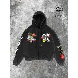 Men's Cotton Zip Hoodie with Patchwork Print, Vintage Fabric, Street Style Casual Wear, Trendy Daily for Cool Guys