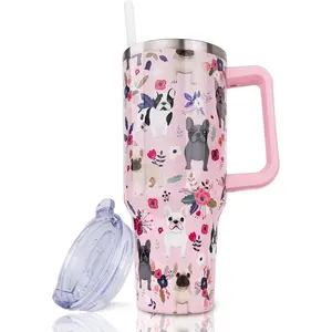 40 oz Stainless Steel Insulated French Bulldog Hydration Tumbler - Reusable Drink Bottle with Handle, Straw, Leak-Proof Lid - Portable Vacuum Flask for Dog Lovers, Women's Gifts, Coffee