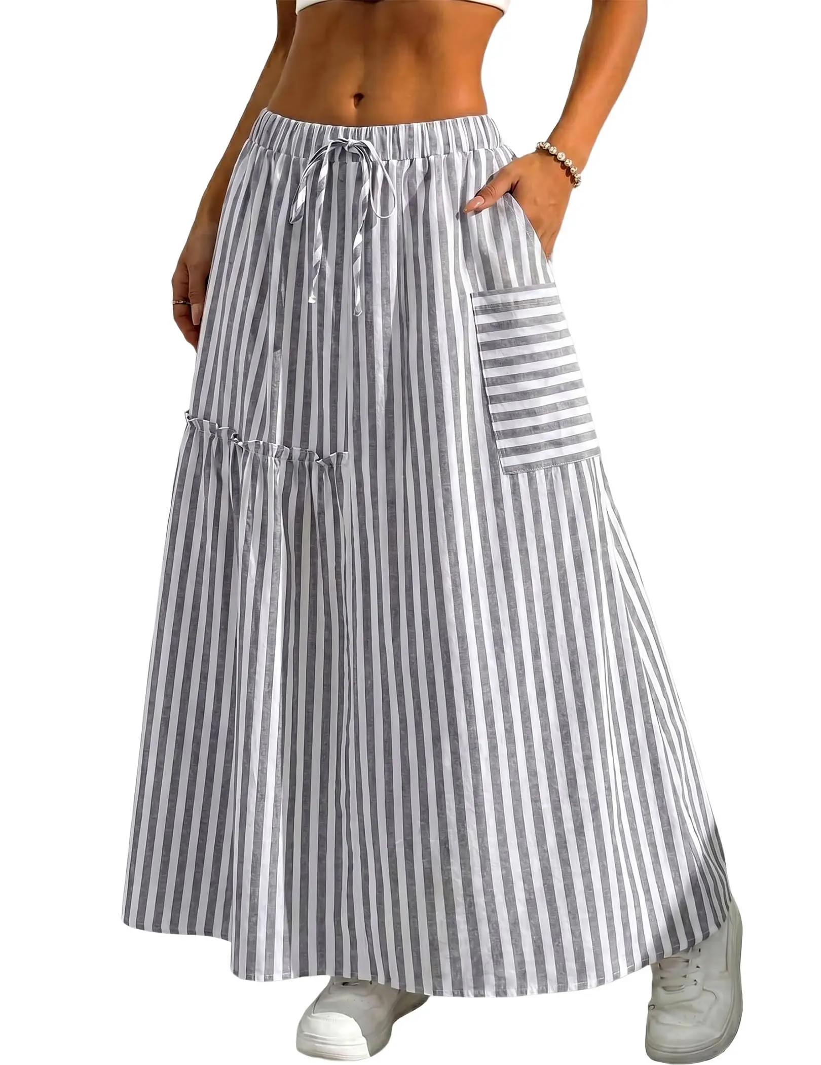 Womens Striped Bohemian Maxi Skirt with Pockets Cotton High Waisted Long Skirt | Ruffle Tiered, Elastic Waistband, Flowy, 2026 Spring Summer, Beach, Fall, Winter, Vacation, Casual
