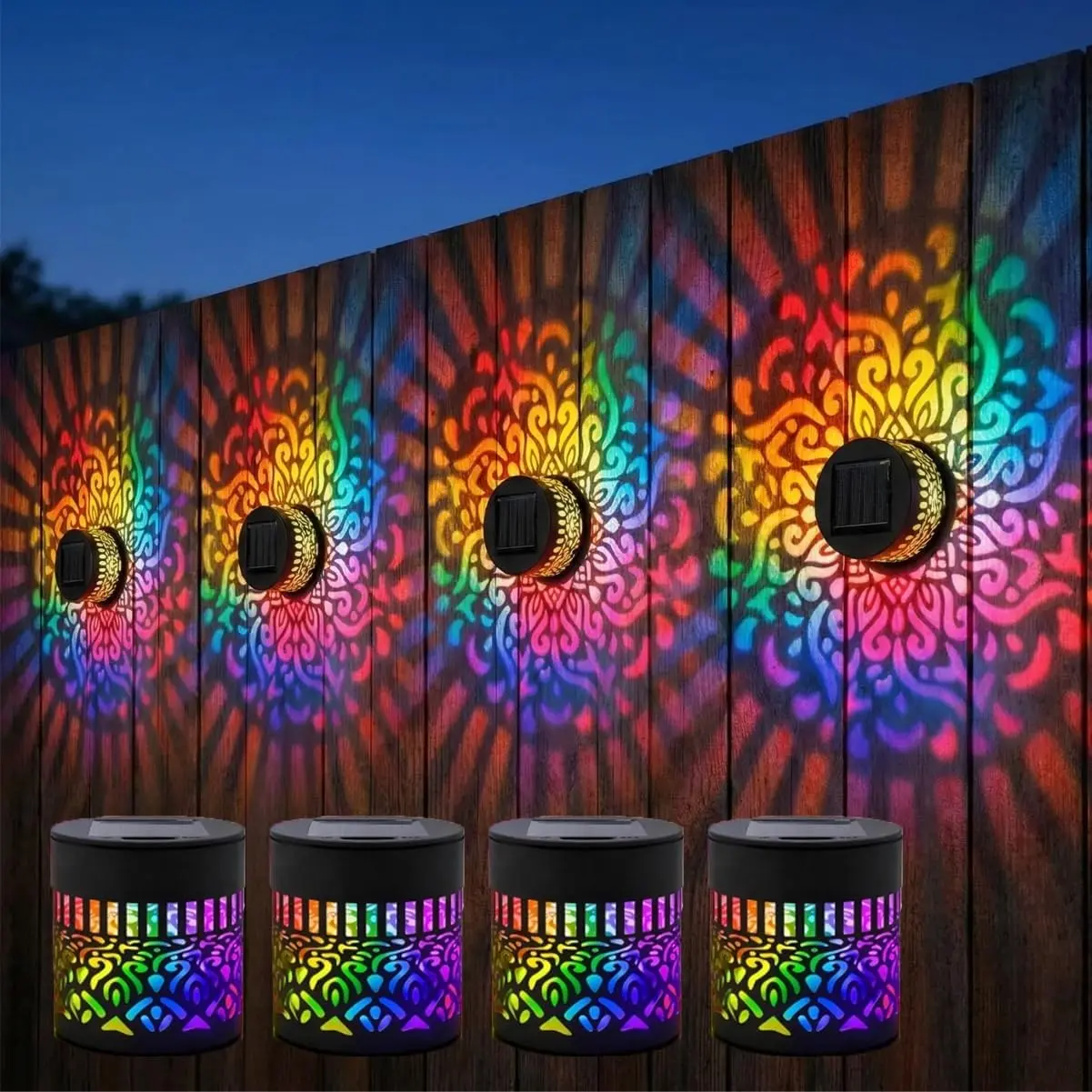 Lantern Seven-Color Changing Solar Mandala Projection Wall Light Decorative Solar Mandala Lights Lantern Outdoor Waterproof Metal Fence Lights for Yard Garden Post Patio Backyard Decor Lantern , Floodlight, Auto Shut-Off Father Gift  Mother Grandfather