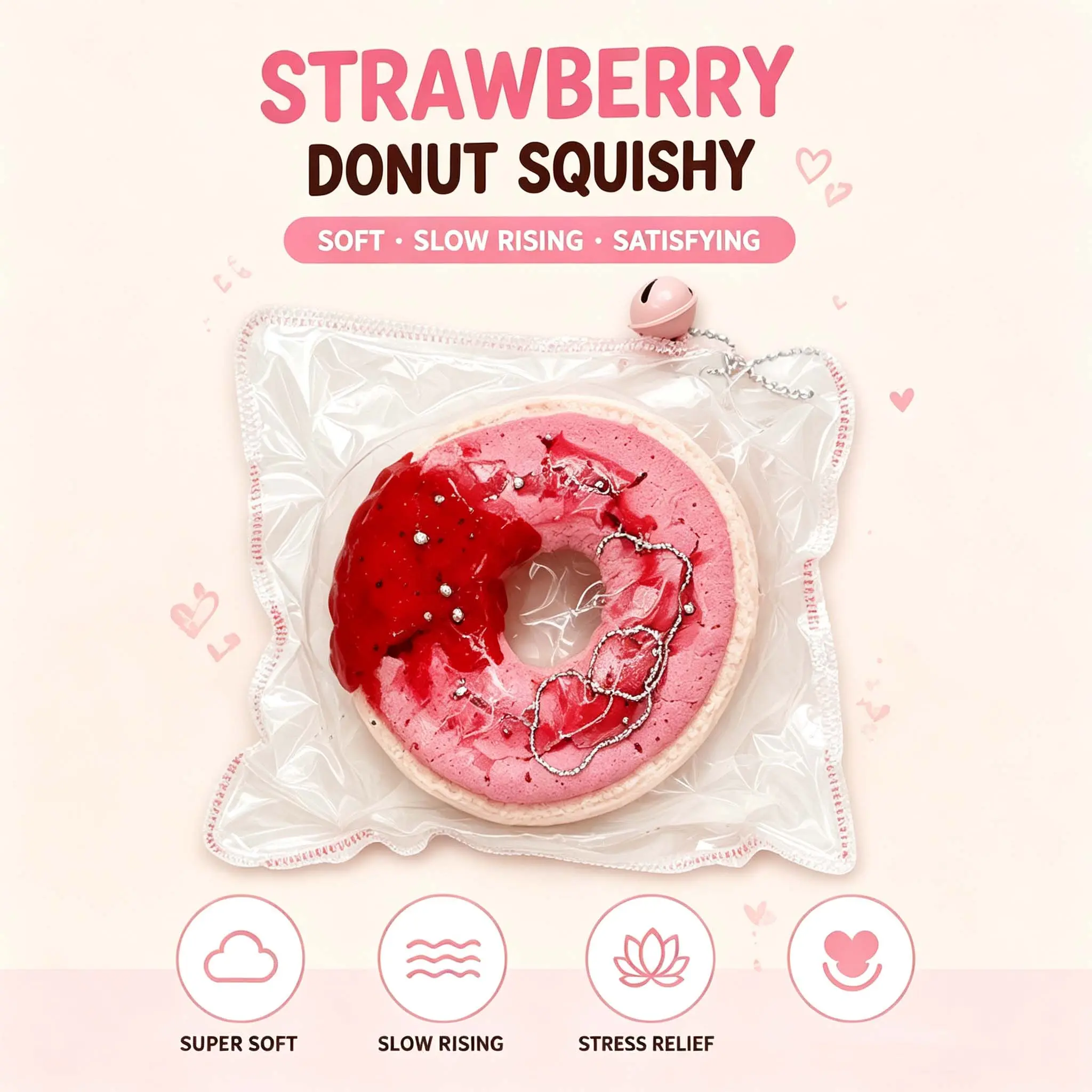 Strawberry Donut Squishy Toy, Slow Rising Stress Relief Fidget Toy, Soft Kawaii Sensory Toy for Kids & Adults, Cute Gift