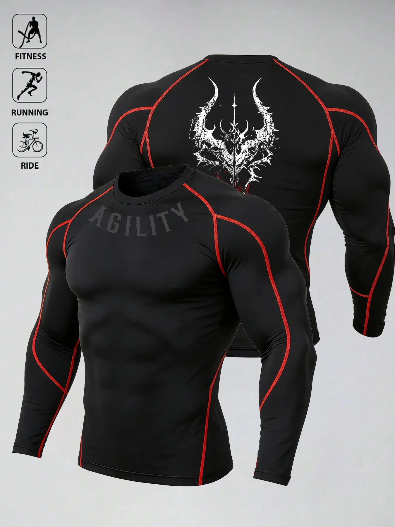 Trendy Black Compression Baselayer for Men | Stretch Breathable Athletic Wear Shirt with Red Contrast Stitching & Demon Graphic | Must-Have for Gym Sessions, Outdoor Sports & Performance Training